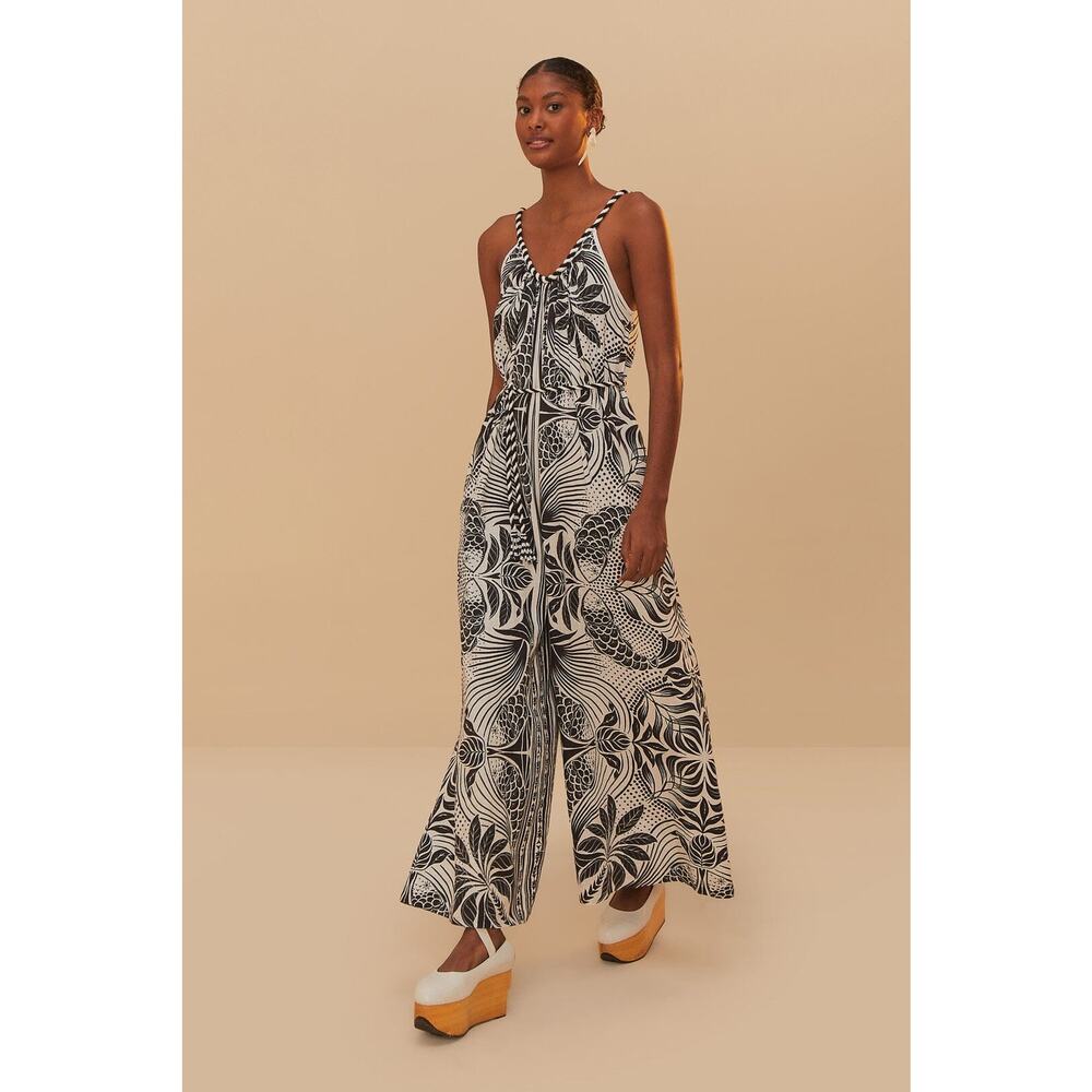 NWT FARM Rio Monochrome Elegance Scarf Off-White Jumpsuit Black - Size: Small